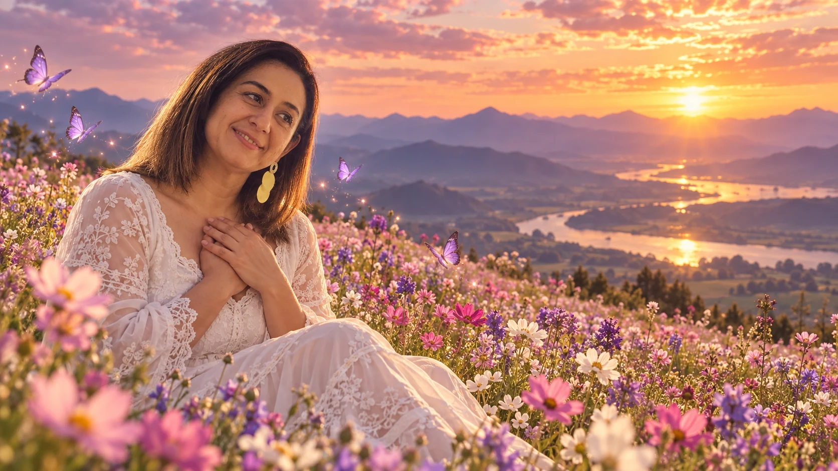 Lady Montoya sentada al amanecer con las manos sobre el pecho